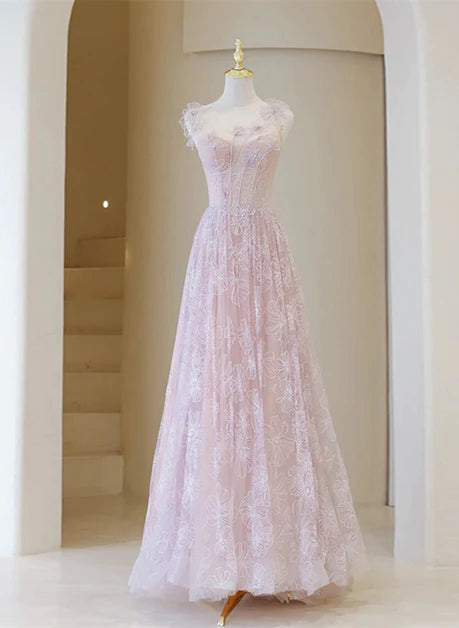 Robe de bal longue en dentelle rose clair à col rond, robe de bal trapèze rose perlée dos nu et au sol