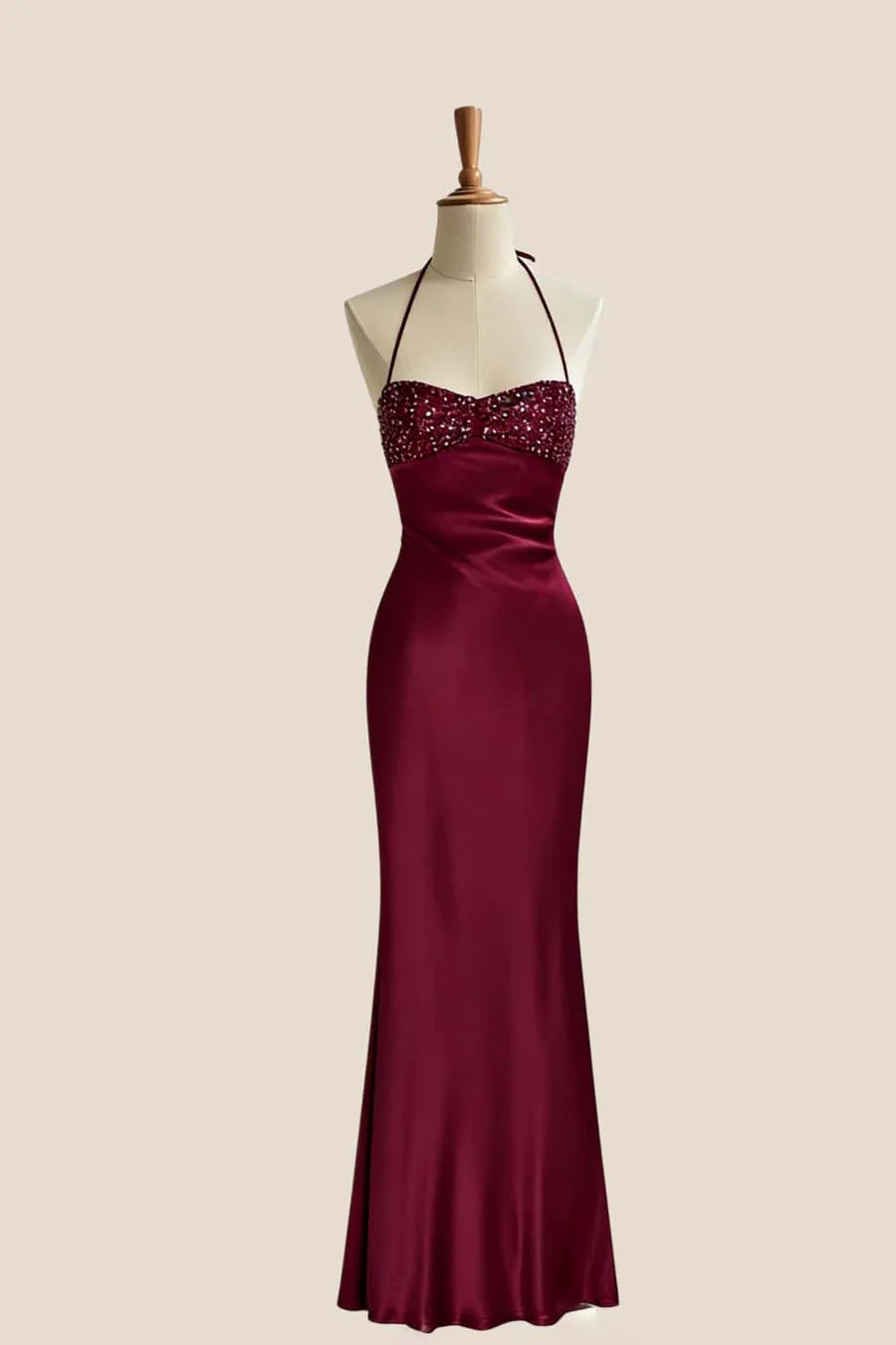 Satin Halter Prom Dress with Beaded Bodice, Lace-Up Back and Mermaid Skirt
