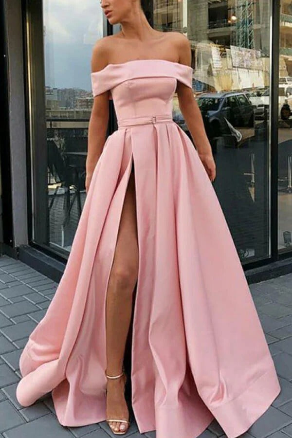 Off-the-Shoulder Satin A-Line Gown with High Slit and Sweep Train