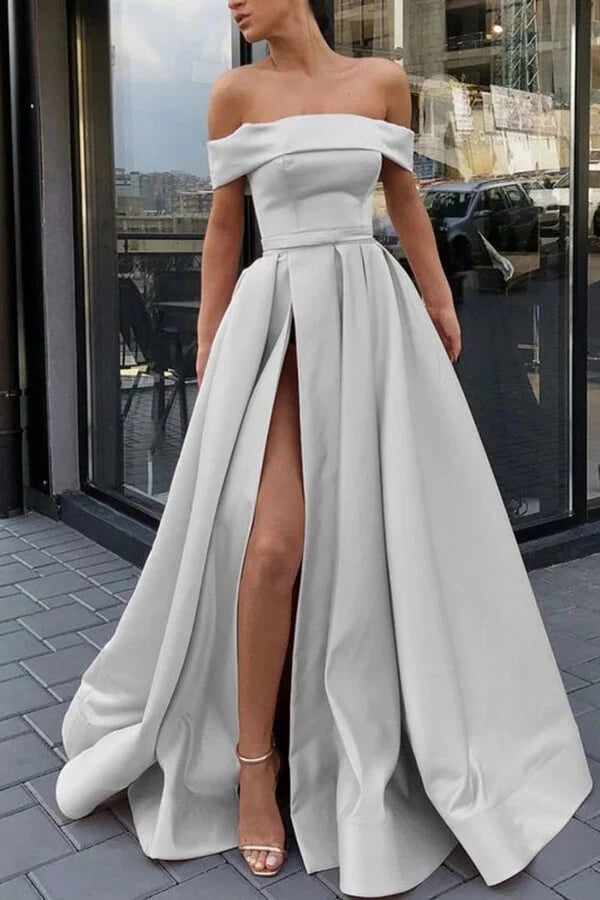 Off-the-Shoulder Satin A-Line Gown with High Slit and Sweep Train