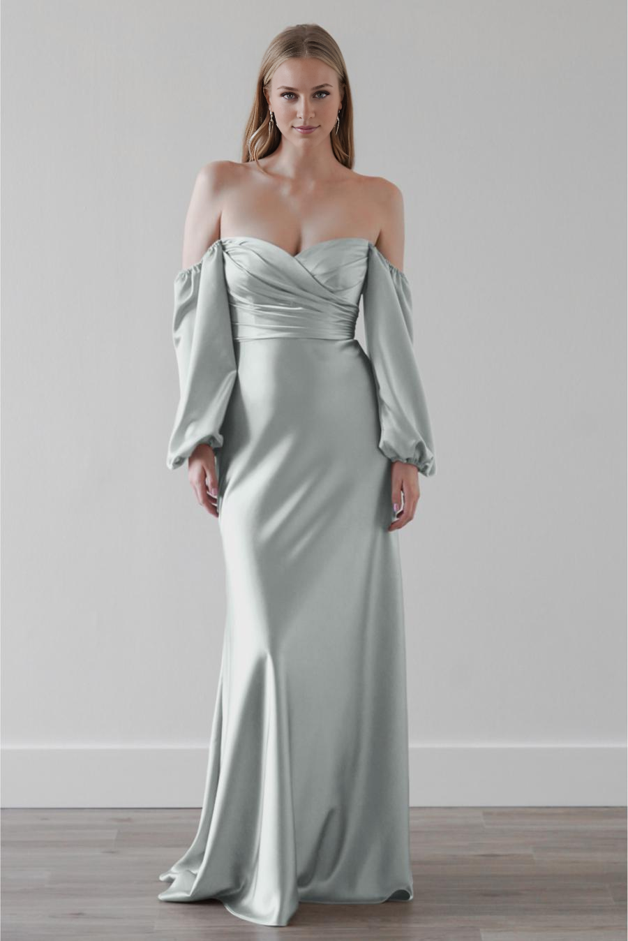 Schulterfreies, langärmliges, trägerloses, rückenfreies und bodenlanges Ballkleid
