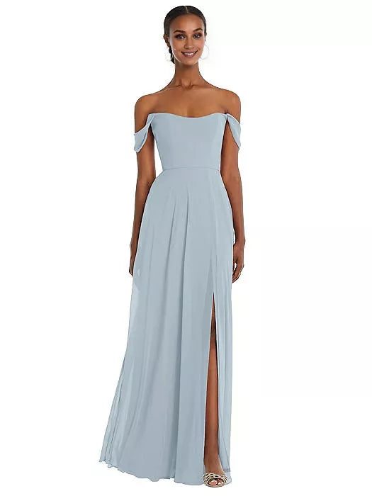 Off shoulder collar sleeveless backless side slit and floor length Prom dress