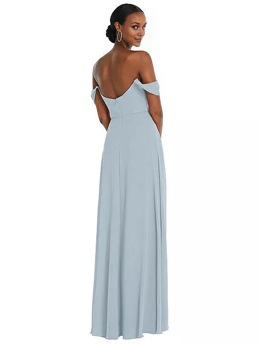 Off shoulder collar sleeveless backless side slit and floor length Prom dress