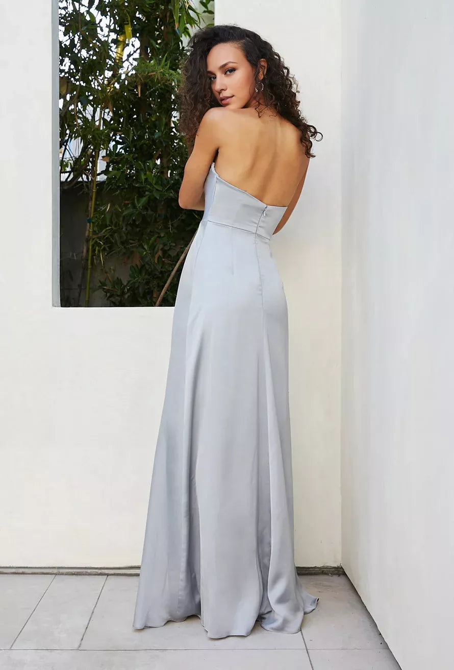 Off shoulder collar sleeveless strapless backless and floor length Prom dress