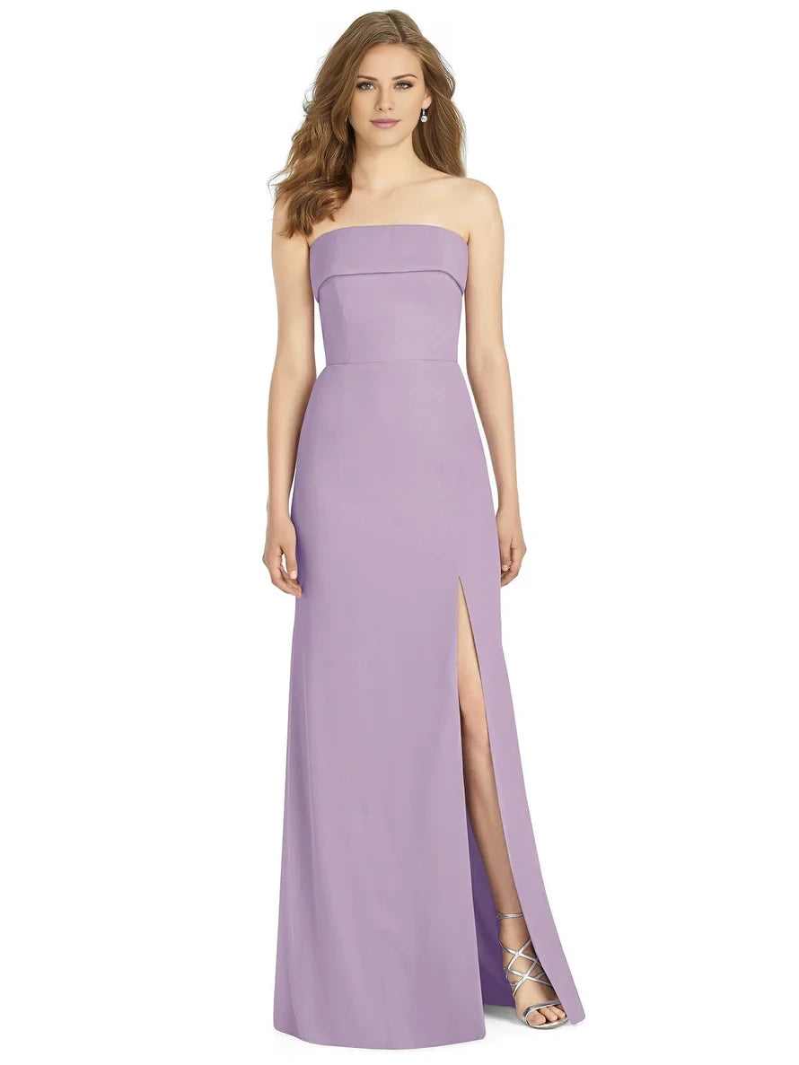 Abendkleid in Bodenlänge mit schulterfreiem Kragen, ärmellos, trägerlos, rückenfrei, seitlichem Schlitz