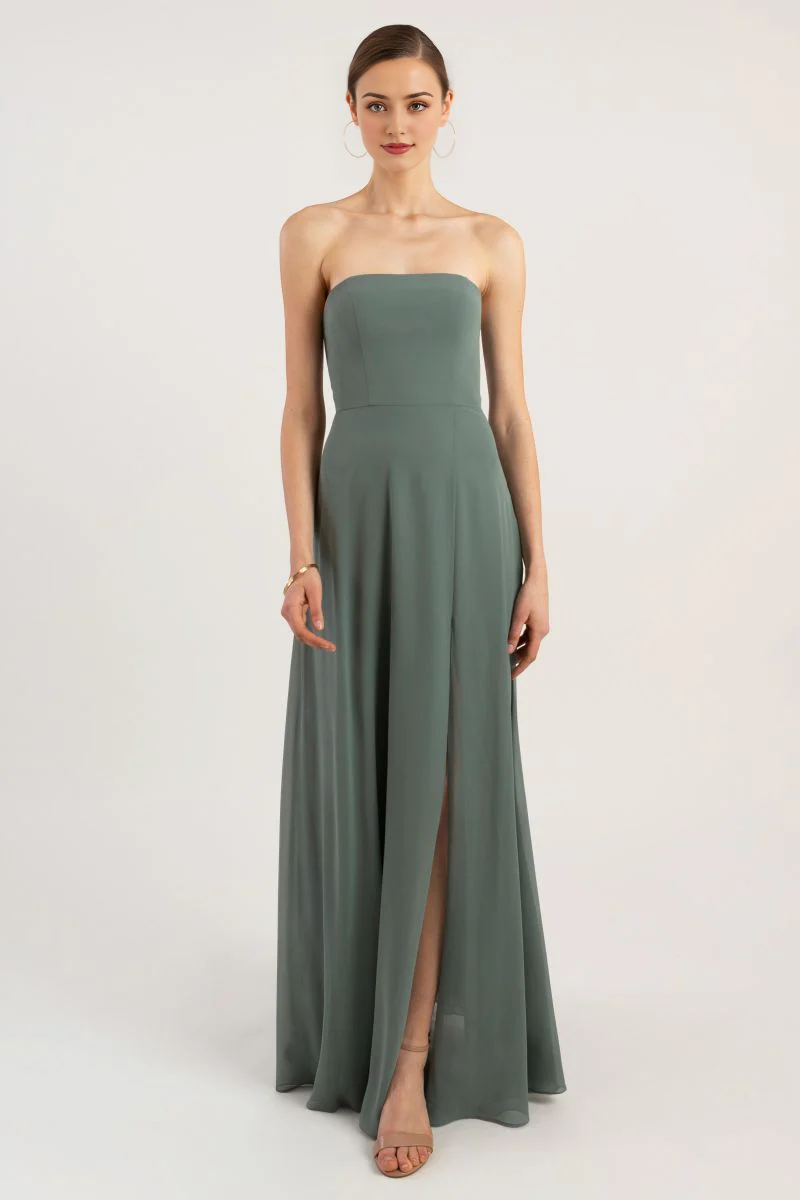 Abendkleid in Bodenlänge mit schulterfreiem Kragen, ärmellos, trägerlos, rückenfrei, seitlichem Schlitz