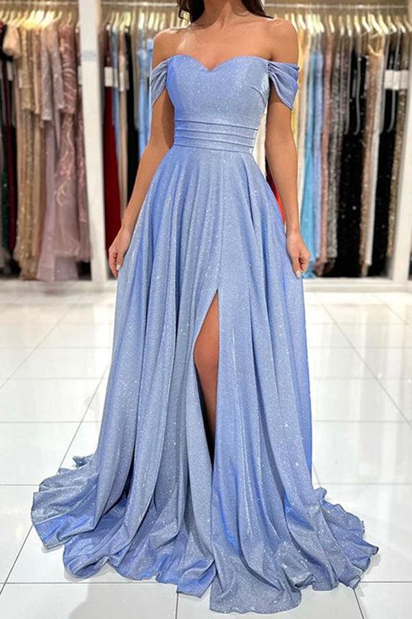 Schulterfreies, glänzendes, blaues, langes Ballkleid
