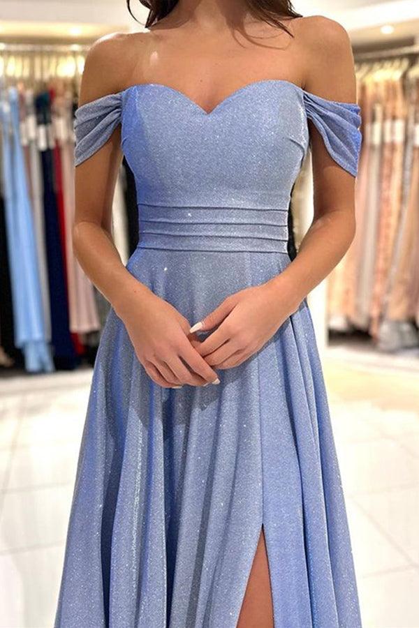 Schulterfreies, glänzendes, blaues, langes Ballkleid