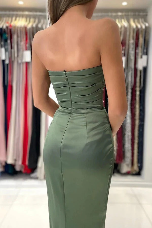 Olive Green Satin Strapless Mermaid Gown with High Slit
