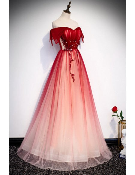 Unique/Beautiful Red Gradient Princess Shoulder Short Sleeve Beaded Long Hanging Neck Evening Dress Gradient Red Sleeveless Backless and Floor Length Evening Dress