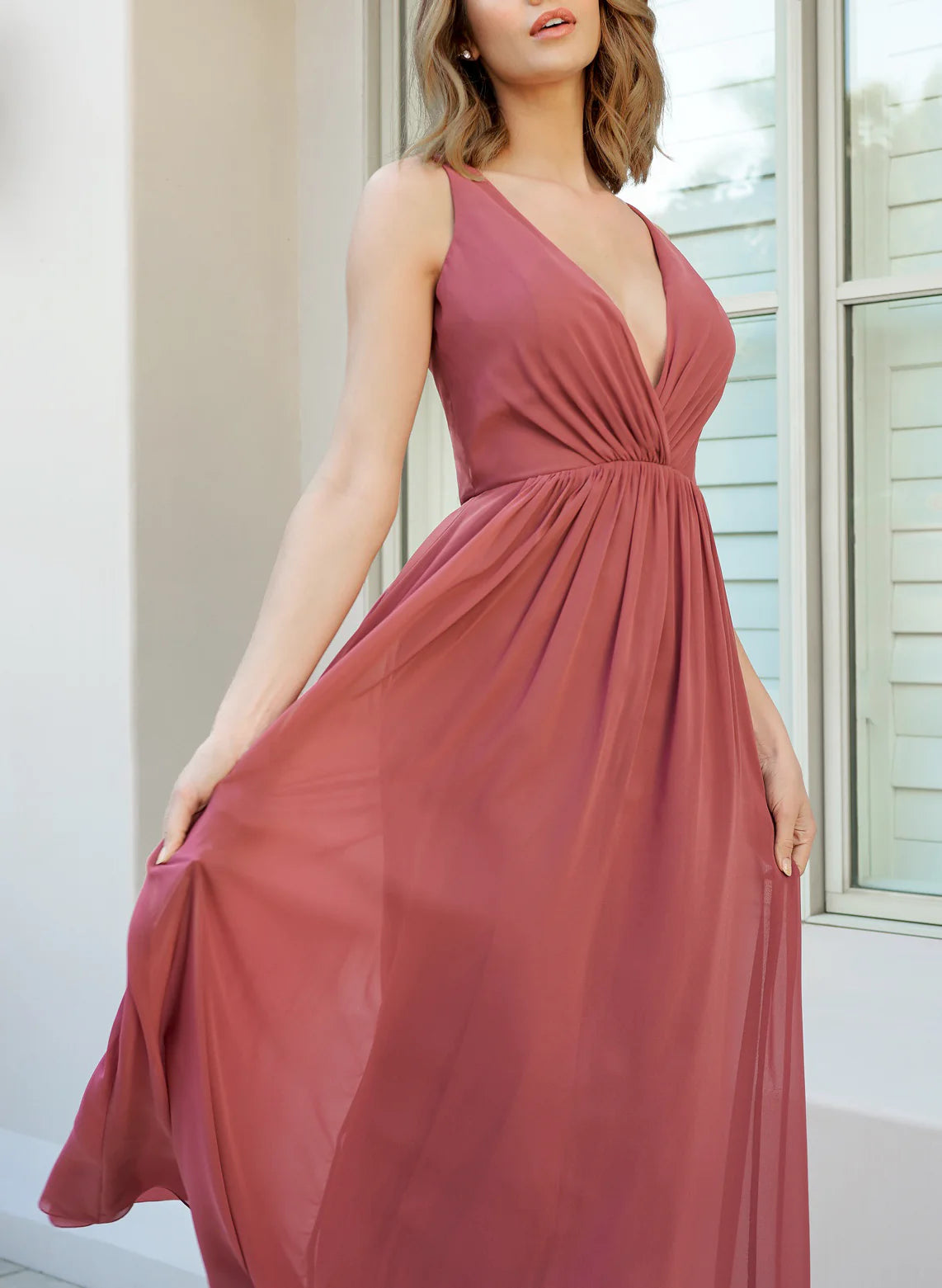 A-line/Princess V-neck and floor length bridesmaid dress