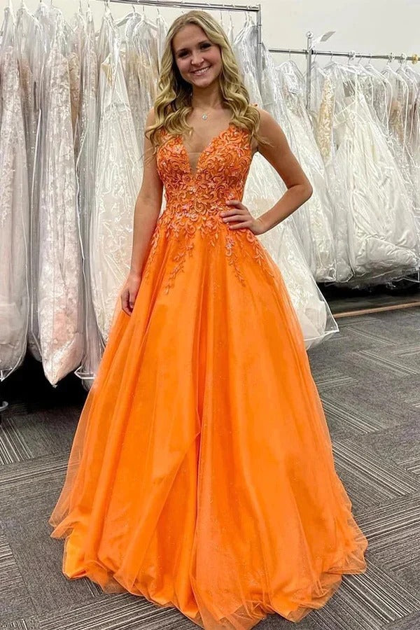 Orange Lace Applique Tulle Ball Gown – V-Neck Backless A-Line Prom Formal Dress