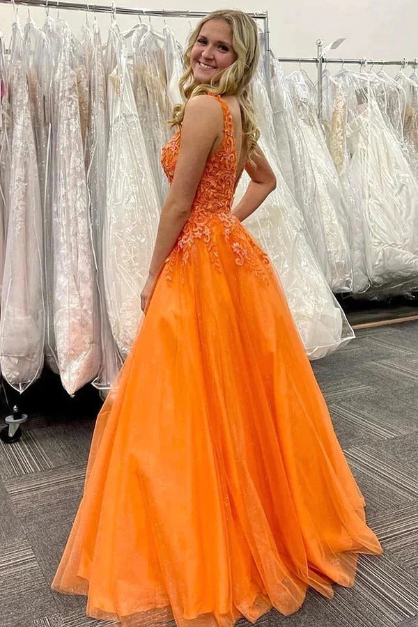 Orange Lace Applique Tulle Ball Gown – V-Neck Backless A-Line Prom Formal Dress