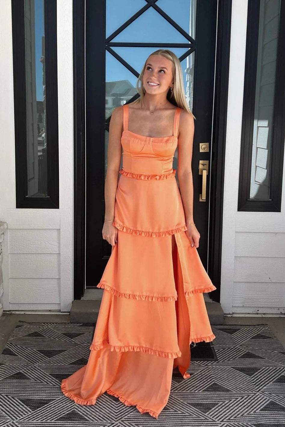 Orange Satin Square Neck Tiered Ruffle Maxi Gown with Slit