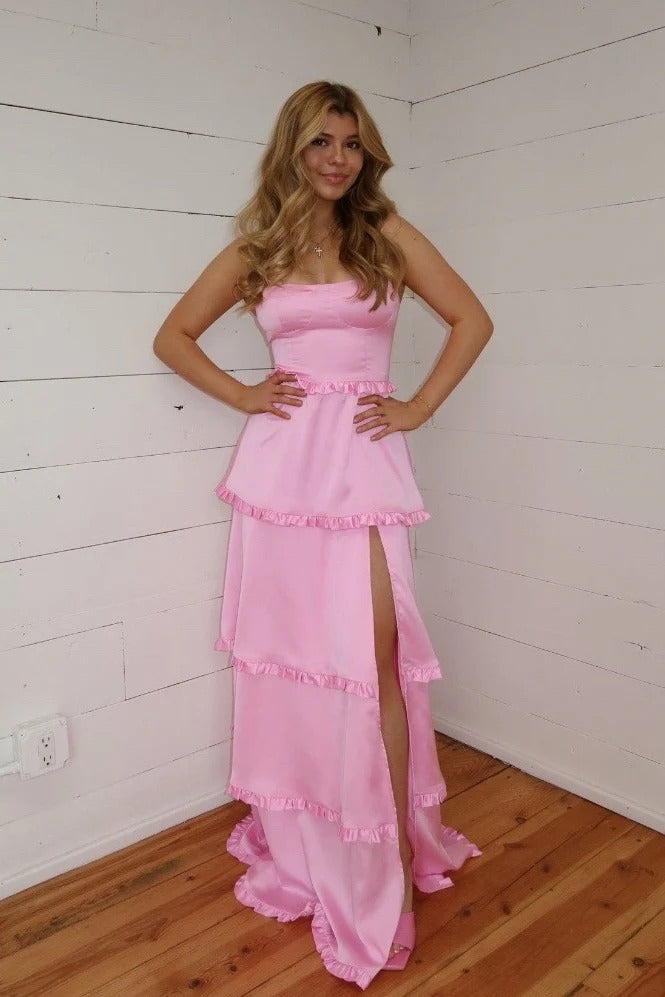 Orange Satin Square Neck Tiered Ruffle Maxi Gown with Slit