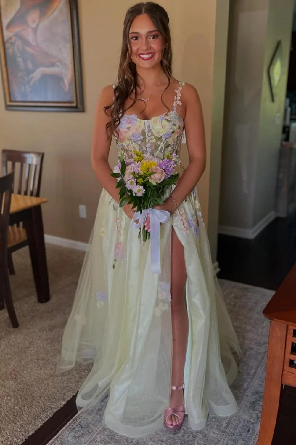 Pale Yellow 3D Floral Spaghetti Strap High Slit Tulle Maxi Dress