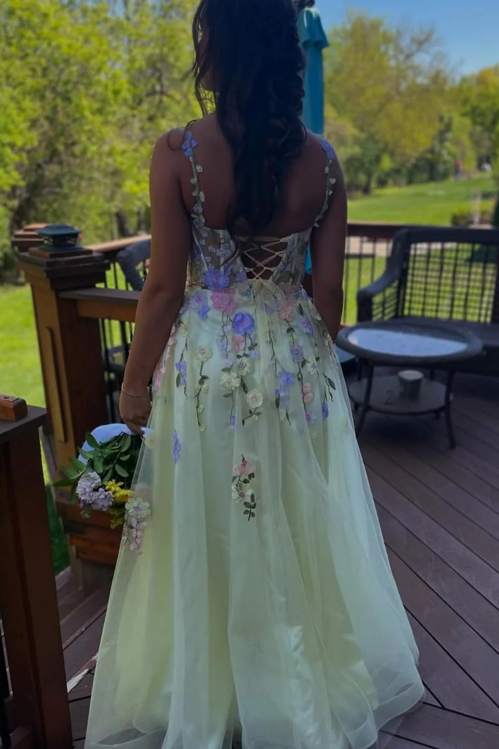 Pale Yellow 3D Floral Spaghetti Strap High Slit Tulle Maxi Dress