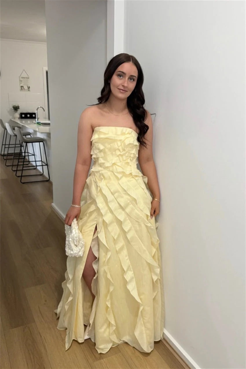 Pale Yellow Strapless Tiered Ruffle High Slit Maxi Dress – Garden Prom Gown