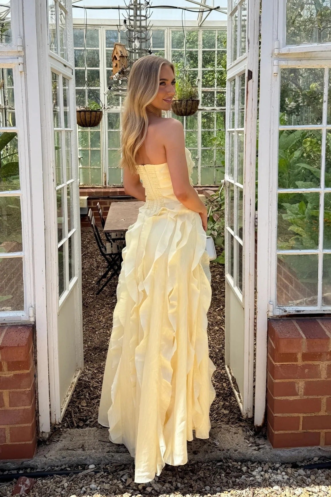 Pale Yellow Strapless Tiered Ruffle High Slit Maxi Dress – Garden Prom Gown