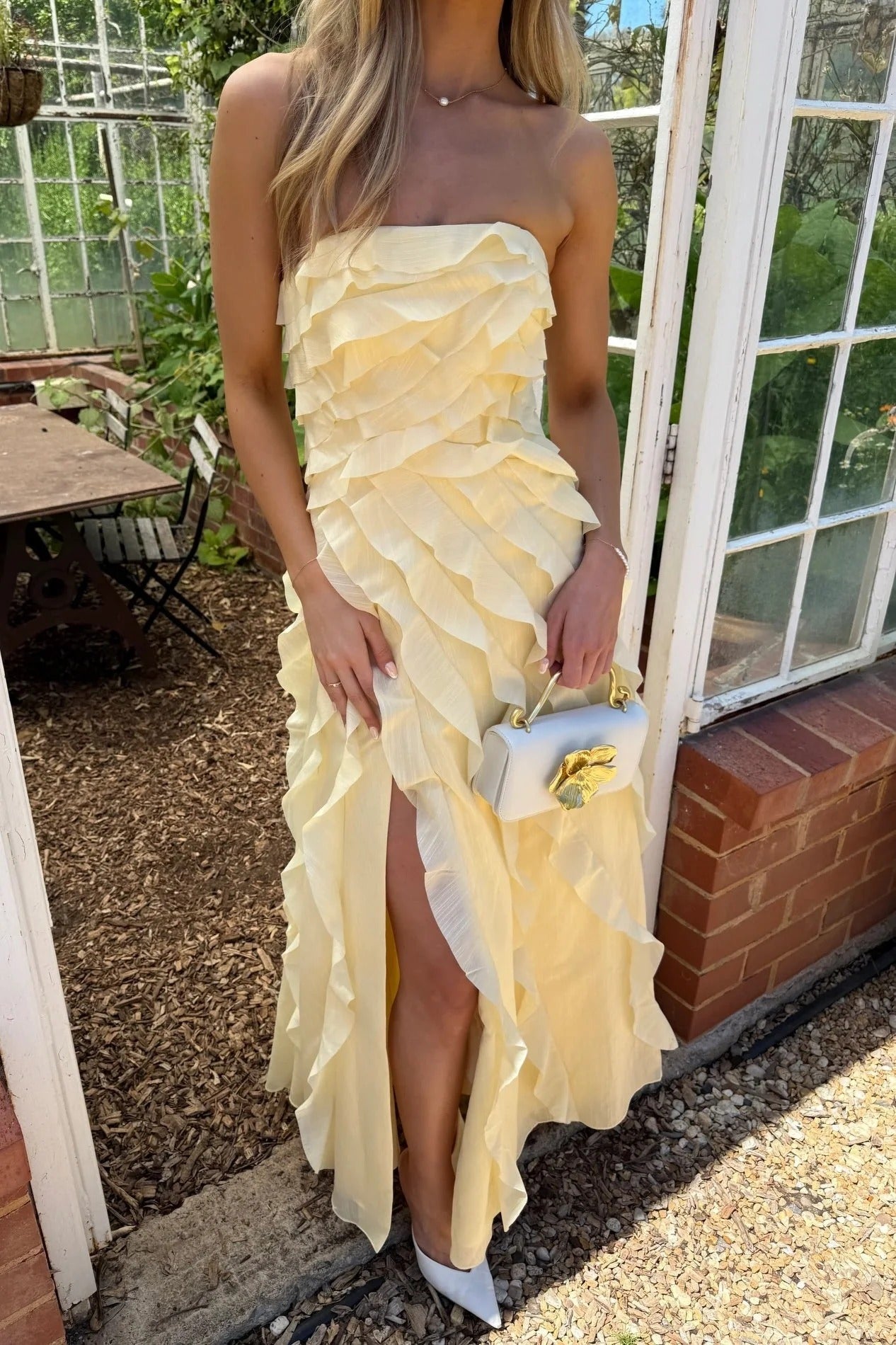 Pale Yellow Strapless Tiered Ruffle High Slit Maxi Dress – Garden Prom Gown