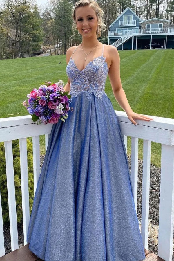 Periwinkle Blue Lace Appliqué Glitter Satin A-Line Gown