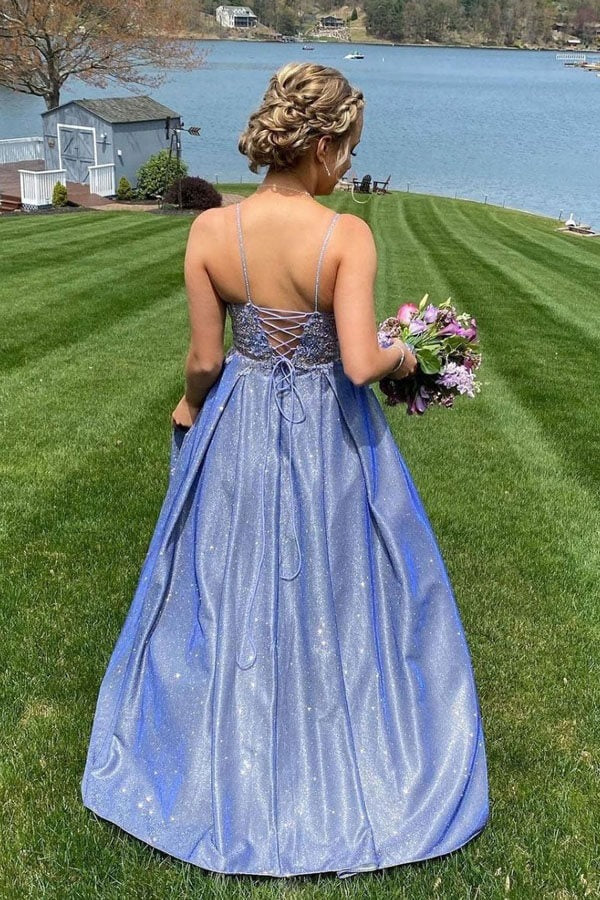 Periwinkle Blue Lace Appliqué Glitter Satin A-Line Gown