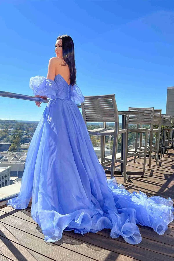 Periwinkle Blue Organza Off-the-Shoulder Maxi Dress with Puff Sleeves and Slit
