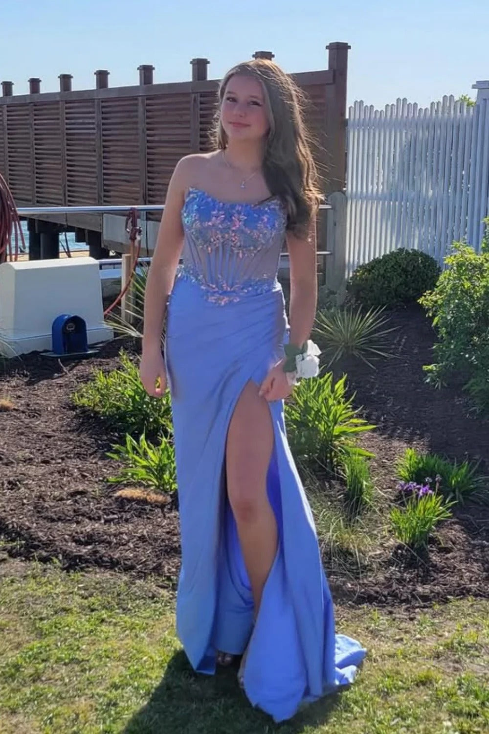 Periwinkle Blue Sheer Corset Beaded Mermaid Gown with Slit