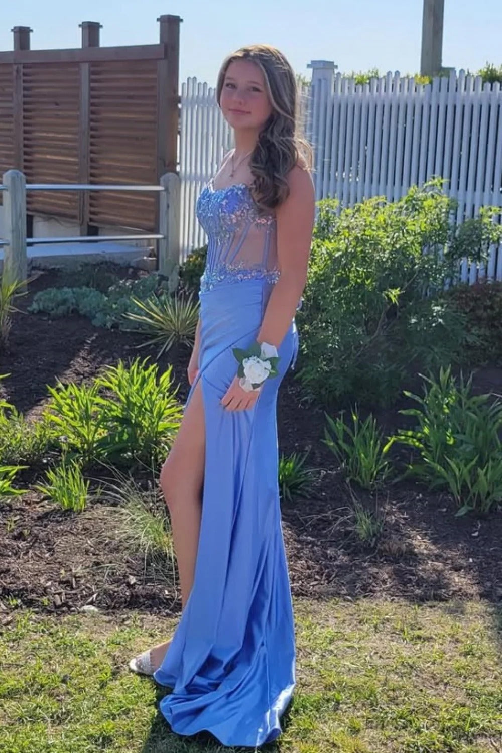 Periwinkle Blue Sheer Corset Beaded Mermaid Gown with Slit