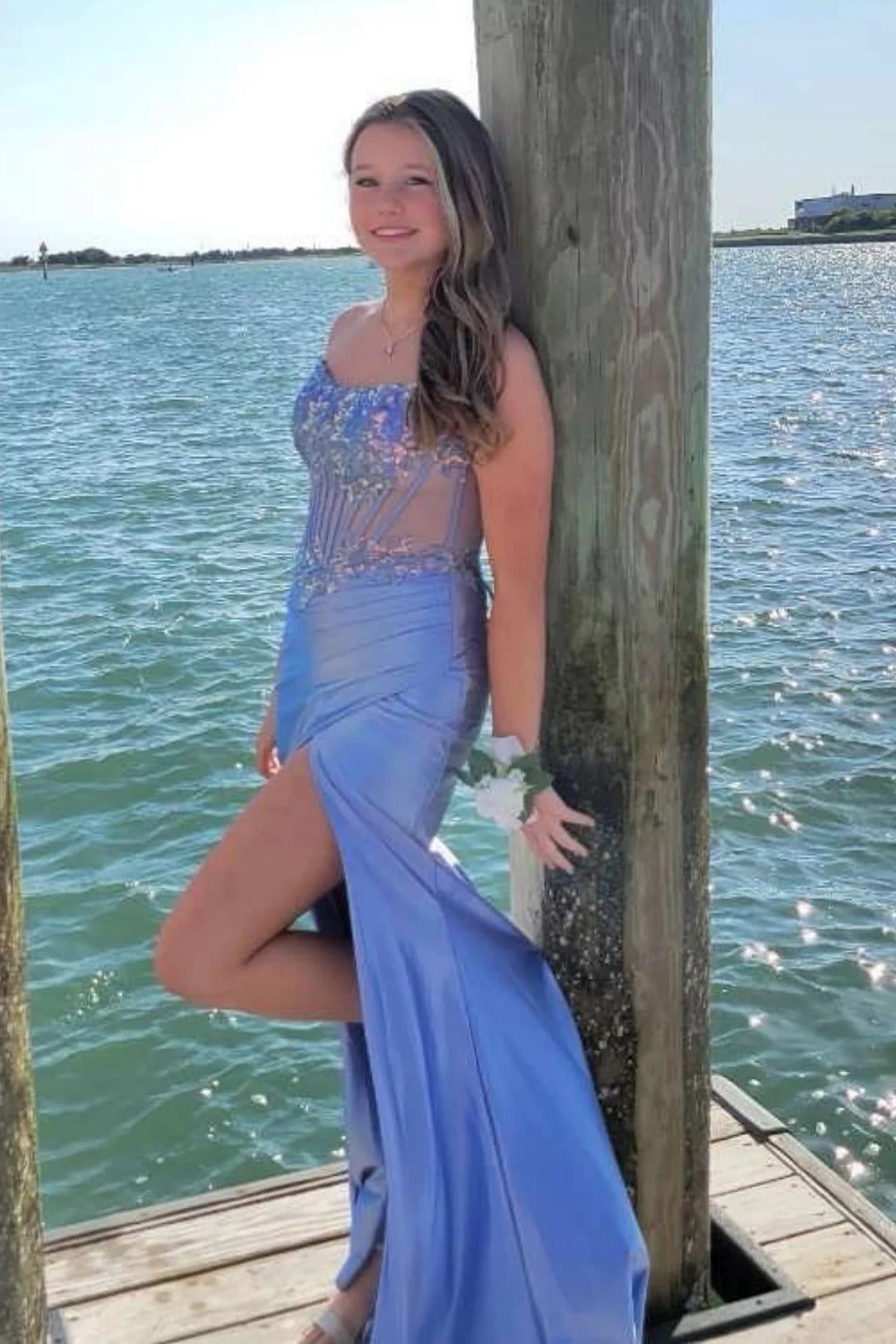 Periwinkle Blue Sheer Corset Beaded Mermaid Gown with Slit