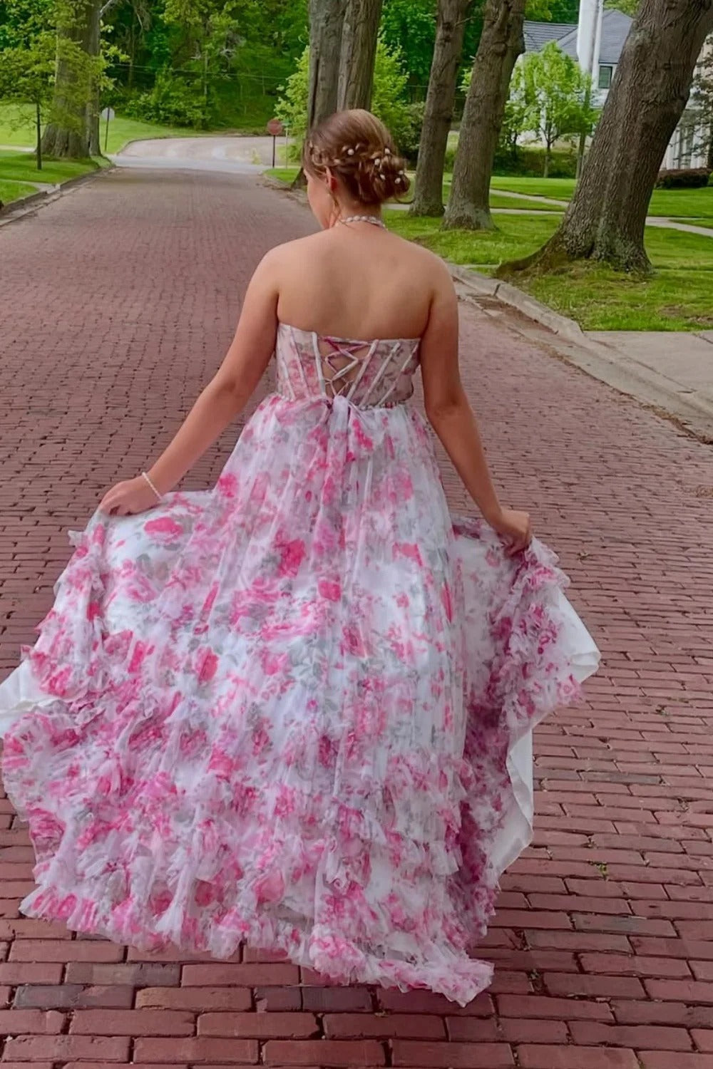 Pink Floral Ruffled Maxi Gown – Halter Beaded Lace-Up Back Prom Dress with Slit