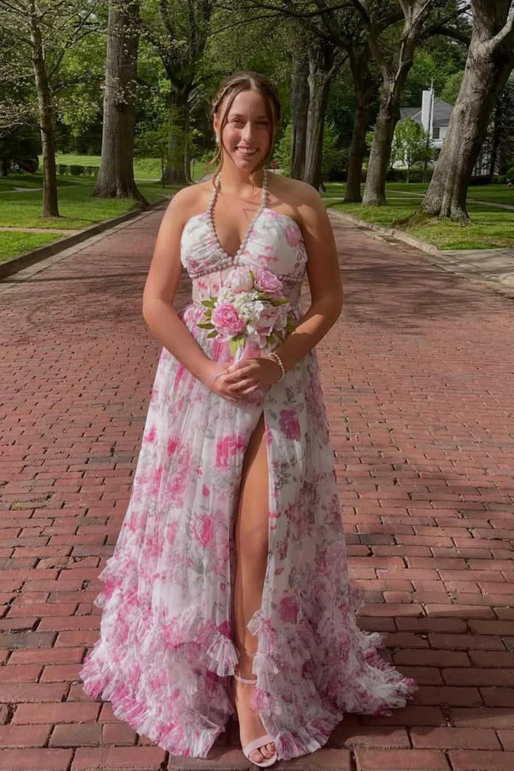 Pink Floral Ruffled Maxi Gown – Halter Beaded Lace-Up Back Prom Dress with Slit