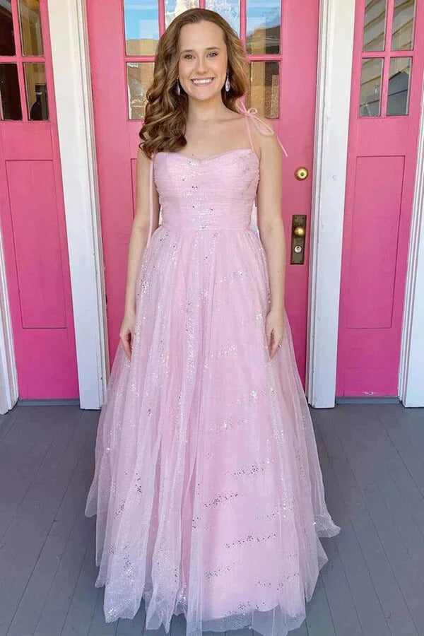 Pink Glitter Tulle A-Line Prom Gown – Sweetheart Neck Tie-Strap Formal Wedding Dress
