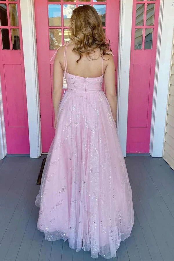 Pink Glitter Tulle A-Line Prom Gown – Sweetheart Neck Tie-Strap Formal Wedding Dress
