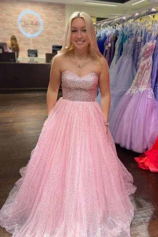 Pink Glitter Tulle Ball Gown – Sweetheart Neckline Lace-Up Back Prom Formal Dress