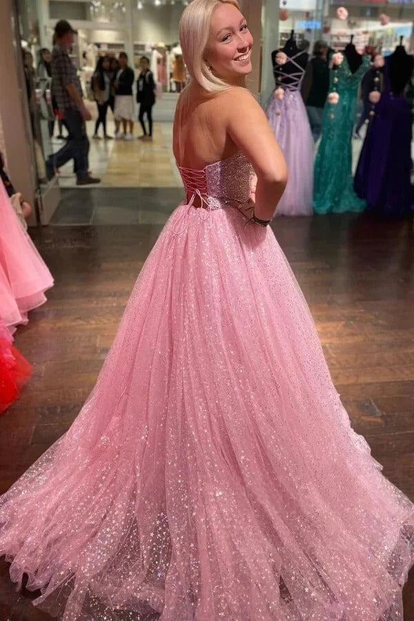 Pink Glitter Tulle Ball Gown – Sweetheart Neckline Lace-Up Back Prom Formal Dress