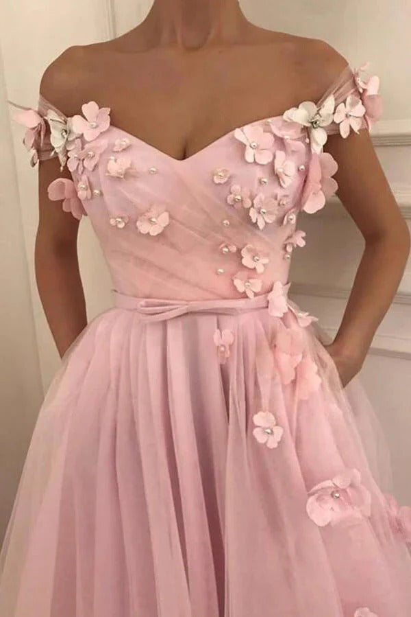 Pink Off-the-Shoulder 3D Floral Tulle Ball Gown with Pearl Accents