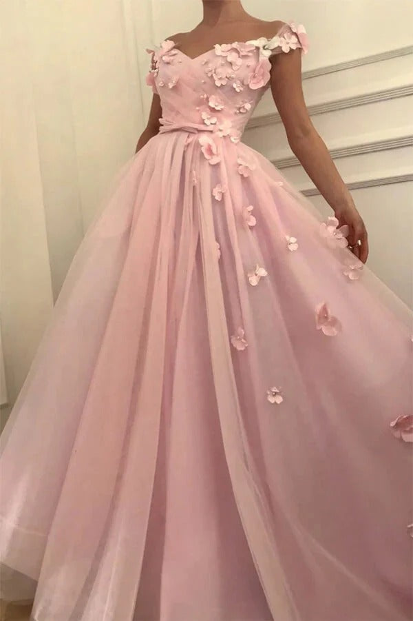 Pink Off-the-Shoulder 3D Floral Tulle Ball Gown with Pearl Accents