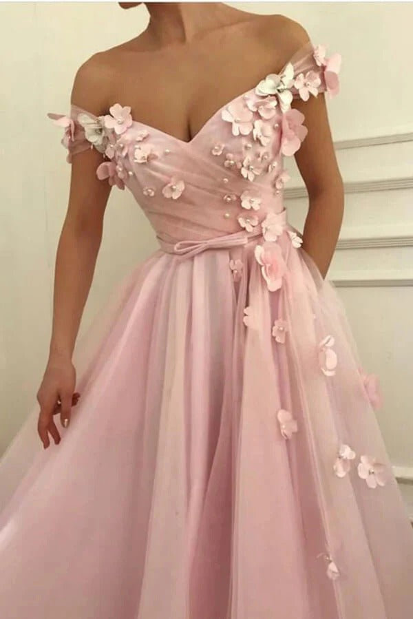 Pink Off-the-Shoulder 3D Floral Tulle Ball Gown with Pearl Accents