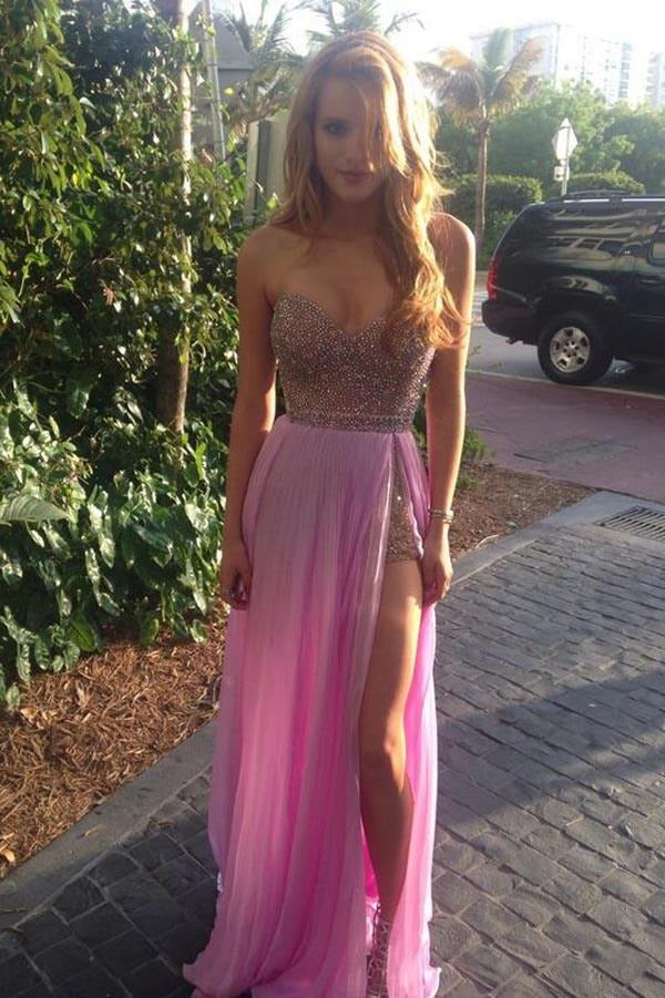 Pink Ombre Strapless Sweetheart Beaded Chiffon Prom Maxi Gown with Slit