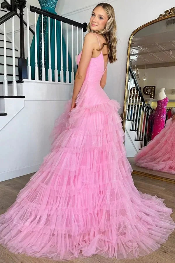 Pink Ruffled Tulle Ball Gown – Deep V-Neck Spaghetti Strap Prom Wedding Dress