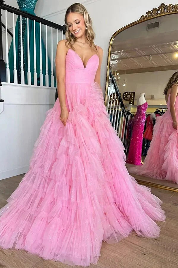 Pink Ruffled Tulle Ball Gown – Deep V-Neck Spaghetti Strap Prom Wedding Dress