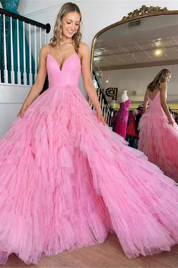 Pink Ruffled Tulle Ball Gown – Deep V-Neck Spaghetti Strap Prom Wedding Dress