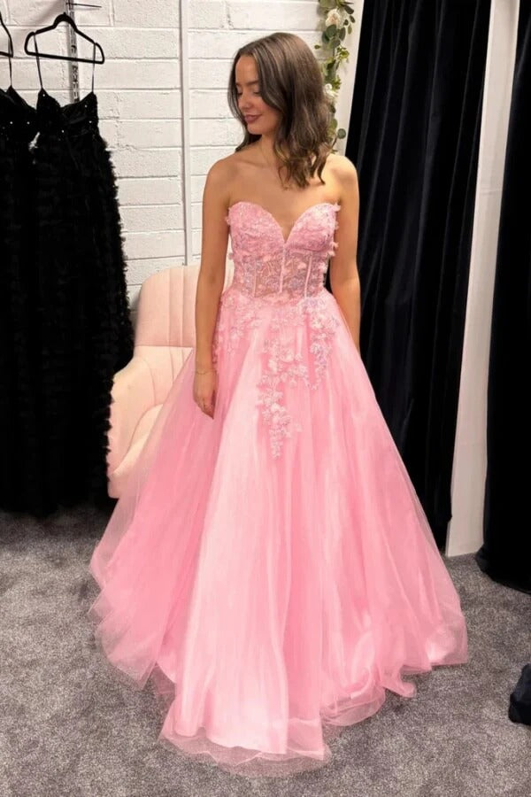 Pink Strapless Sweetheart 3D Floral Lace Corset Tulle Ball Gown with Lace-Up Back