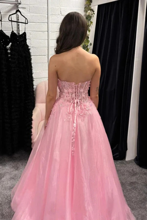 Pink Strapless Sweetheart 3D Floral Lace Corset Tulle Ball Gown with Lace-Up Back