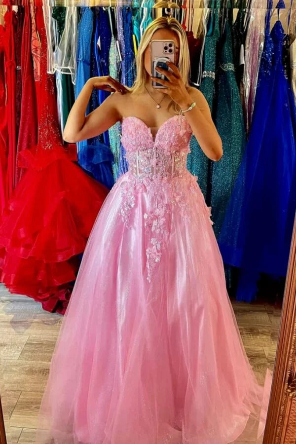 Pink Strapless Sweetheart 3D Floral Lace Corset Tulle Ball Gown with Lace-Up Back