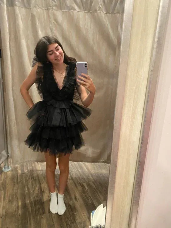 Playful A-Line Deep V-Neck Ruffle-Strap Multi-Tier Tulle Mini Homecoming Dress