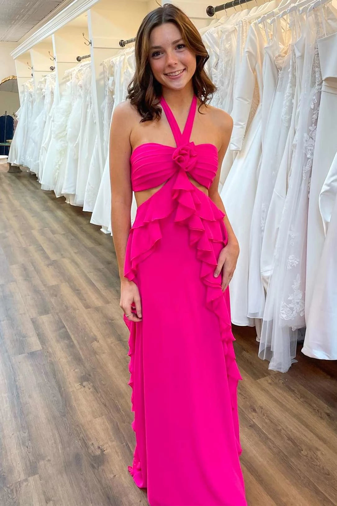 Playful A-Line Halter-Neck Cut-Out Ruffled Chiffon Floor-Length Prom Dress