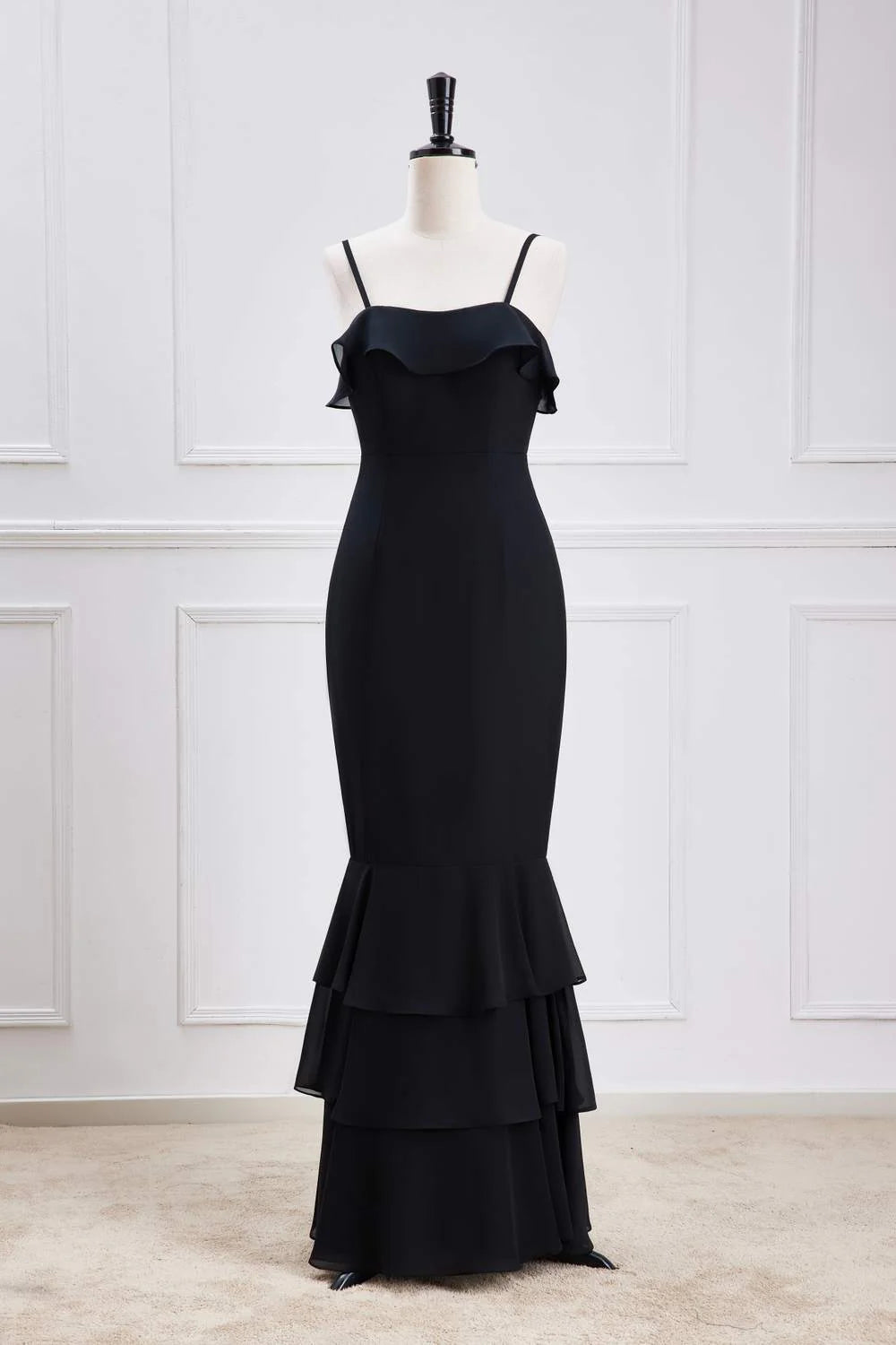 Polished Mermaid Straight-Neck Spaghetti-Strap Tiered-Hem Floor-Length Prom Dress