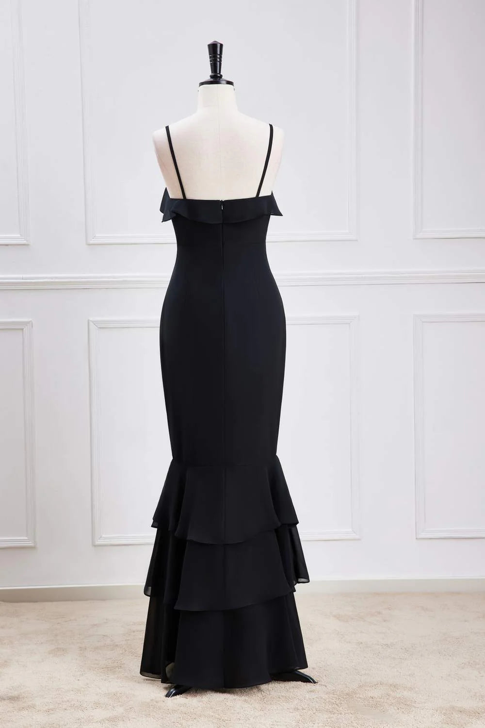 Polished Mermaid Straight-Neck Spaghetti-Strap Tiered-Hem Floor-Length Prom Dress